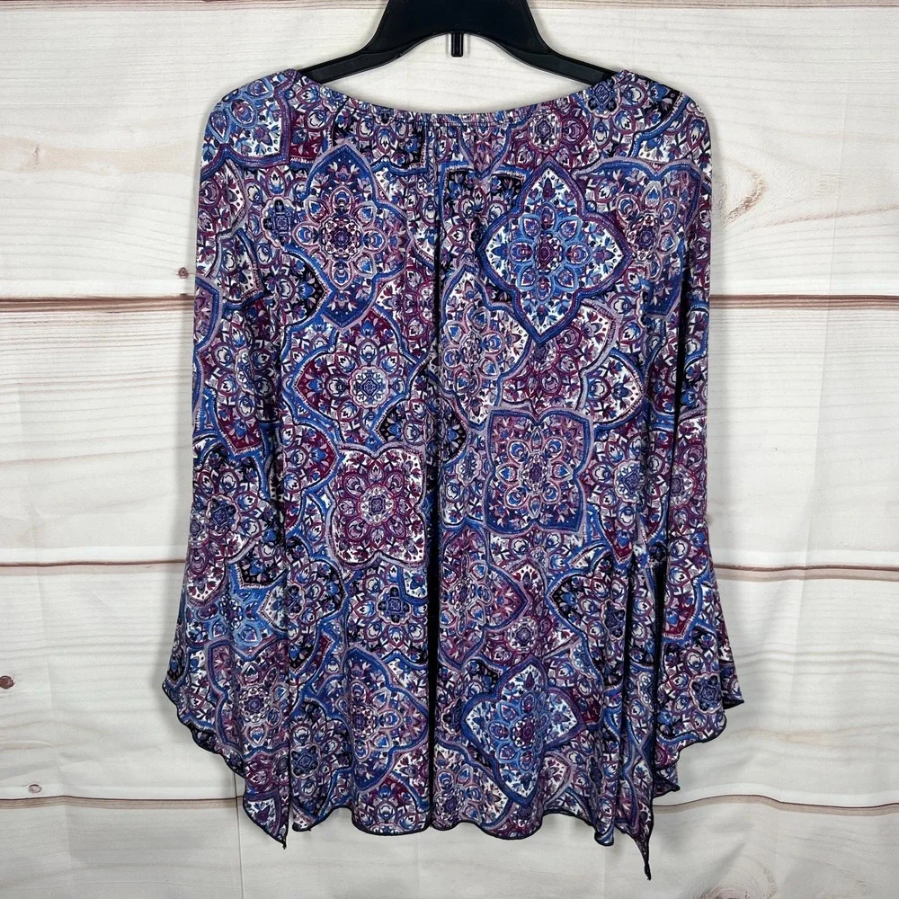 Dressbarn Top Womens Large Purple Paisley Blouse Bell Sleeve Knit Elastic Neck
